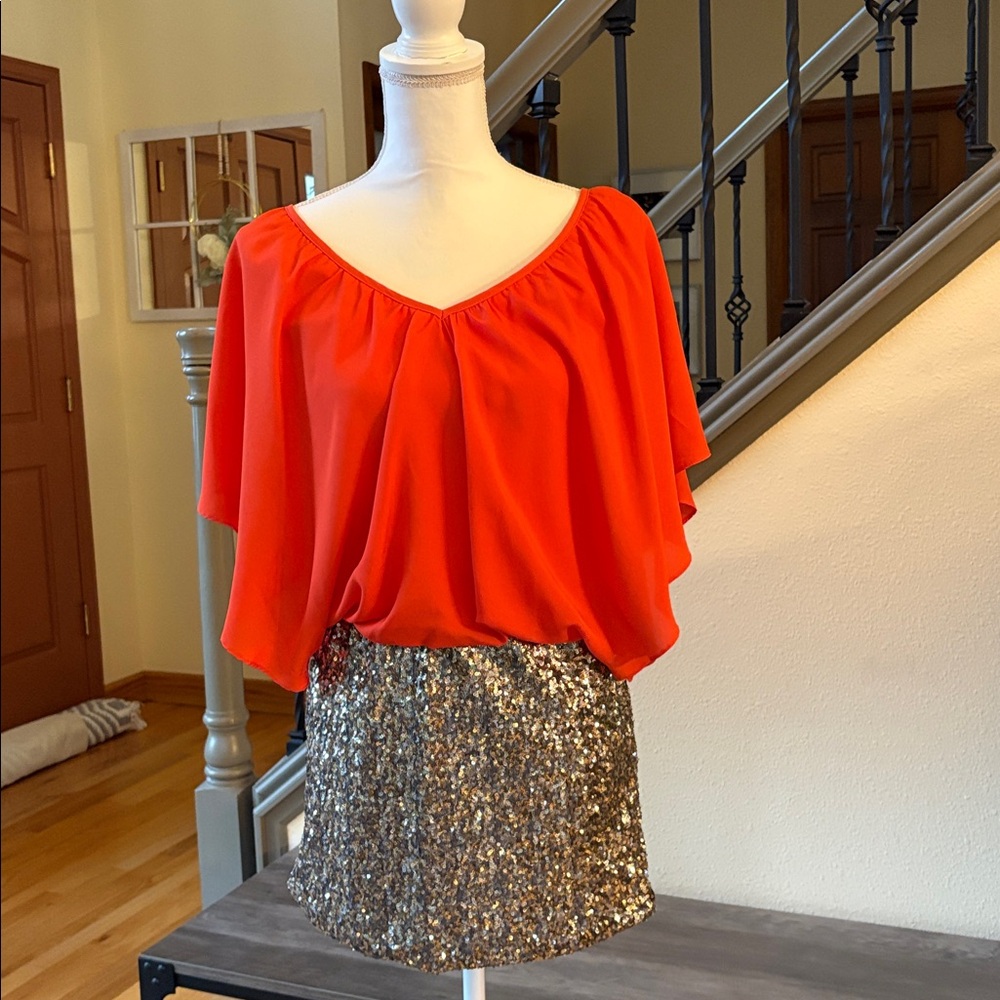 C. Luce Orange Flutter Sleeve Two Toned Gold Sequin Dress Size Small